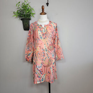 Raj Floral Paisley Sheer 3/4 Sleeve V Neck Tunic Top Cover Up Dress Pink Caren M